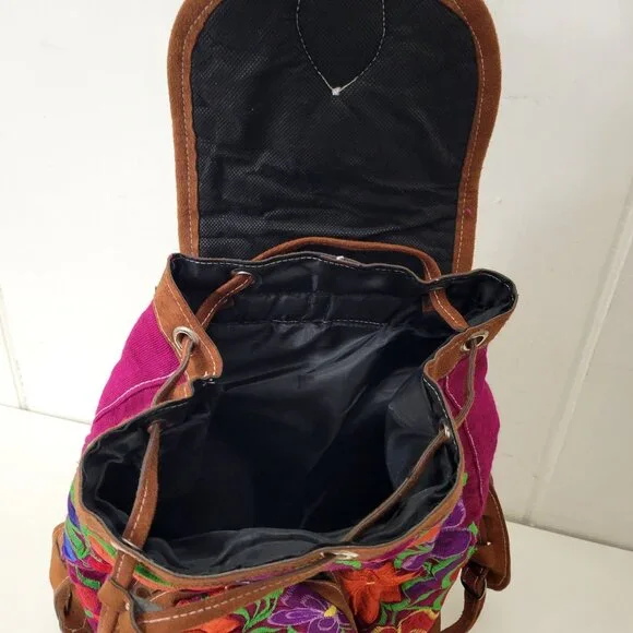 Handcrafted Floral Embroidered Cotton & Faux Suede Backpack - Picture 4 of 9